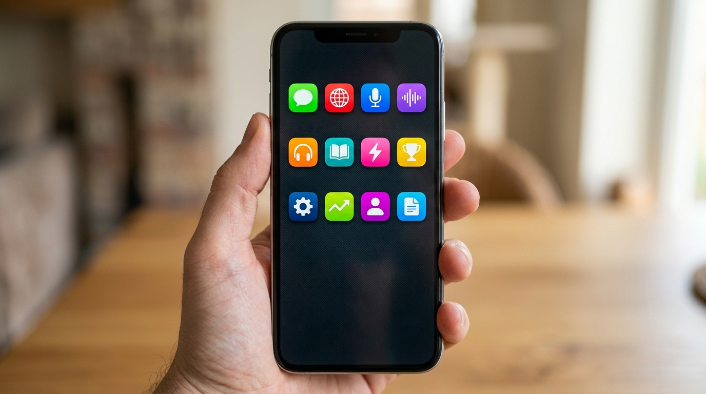 Un teléfono en la mano con la pantalla llena de aplicaciones de idiomas