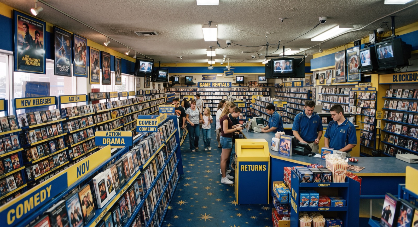Interior de un videoclub de los años noventa, con estanterías azules y amarillas llenas de películas y clientes eligiendo