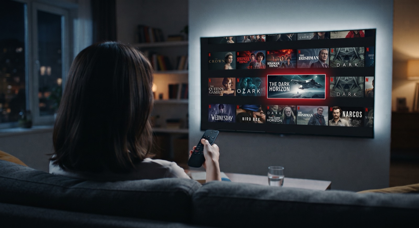 Una persona en el sofá, mando en mano, frente a un televisor con el catálogo de un servicio de streaming